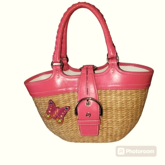 Coach Handbags - Coach Straw Basket Weave Pink Leather Authentic Handbag/Purse NO. L3K 62…